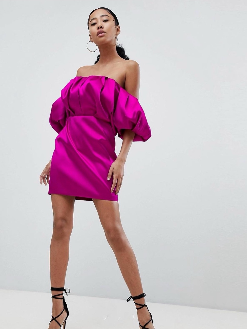 ASOS Off-Shoulder Puff Sleeve Mini Dress in Fuchsia